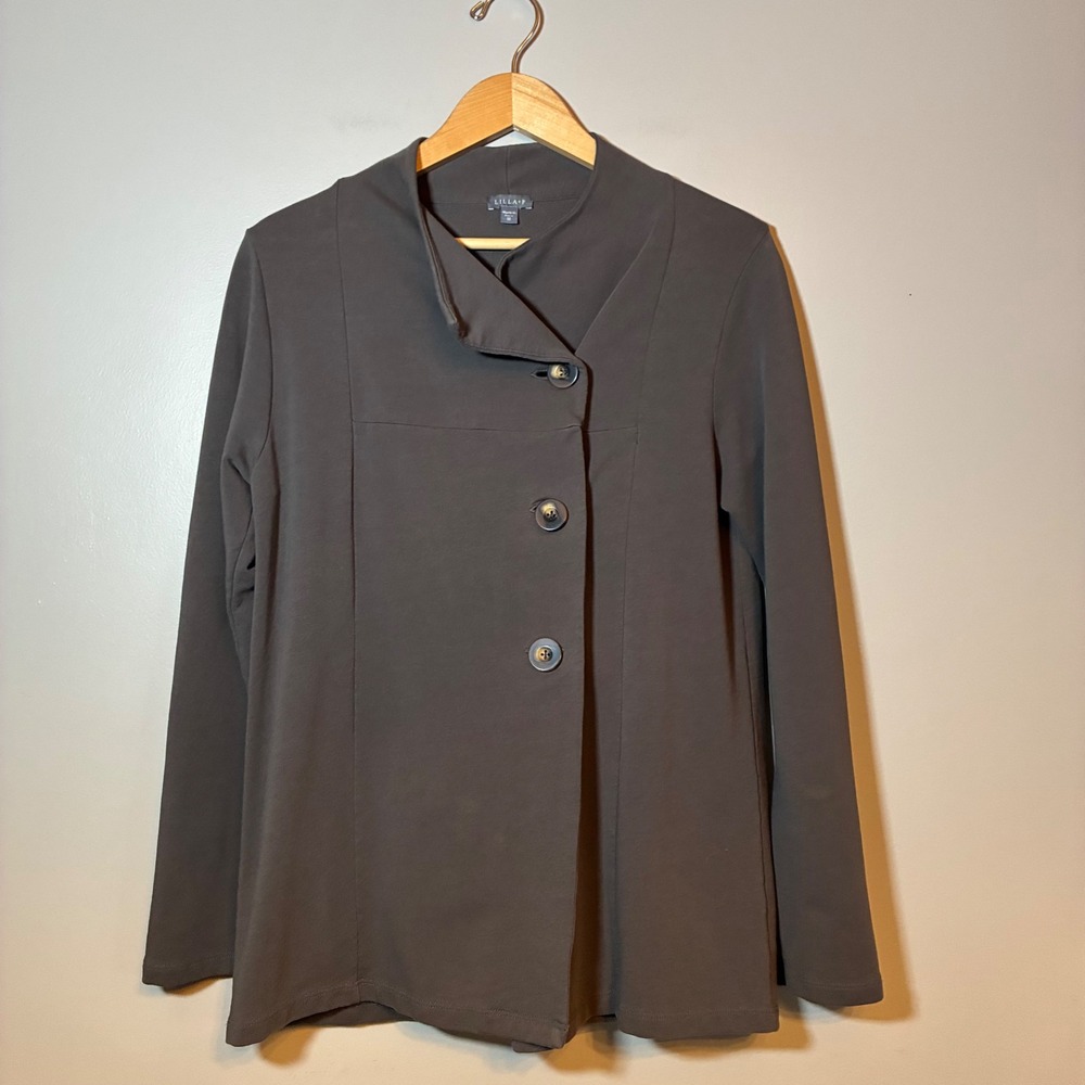 Lilla P Charcoal Gray Asymmetric Button Front Pleated Back Jacket Womens M